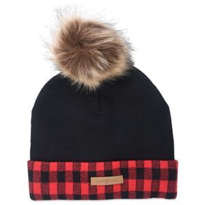 GaaHuu Black Buffalo Check Cuff Cap with Faux Fur Pom